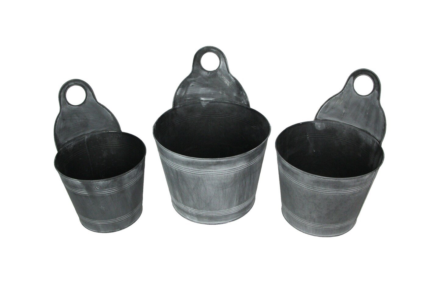 Set of 3 Charcoal Gray Finish Metal Bucket Style Hangable Planters