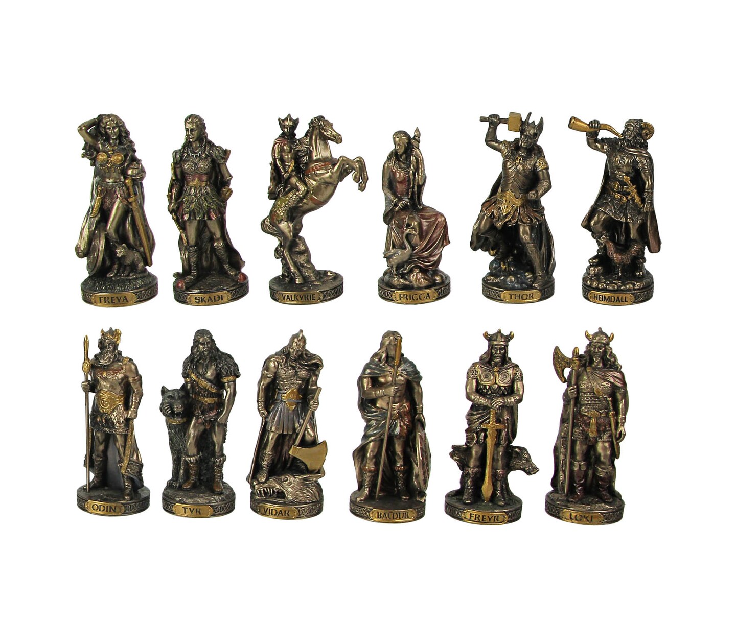 Bronze Finished 12 Piece Norse Gods and Goddesses Miniature Statue Set