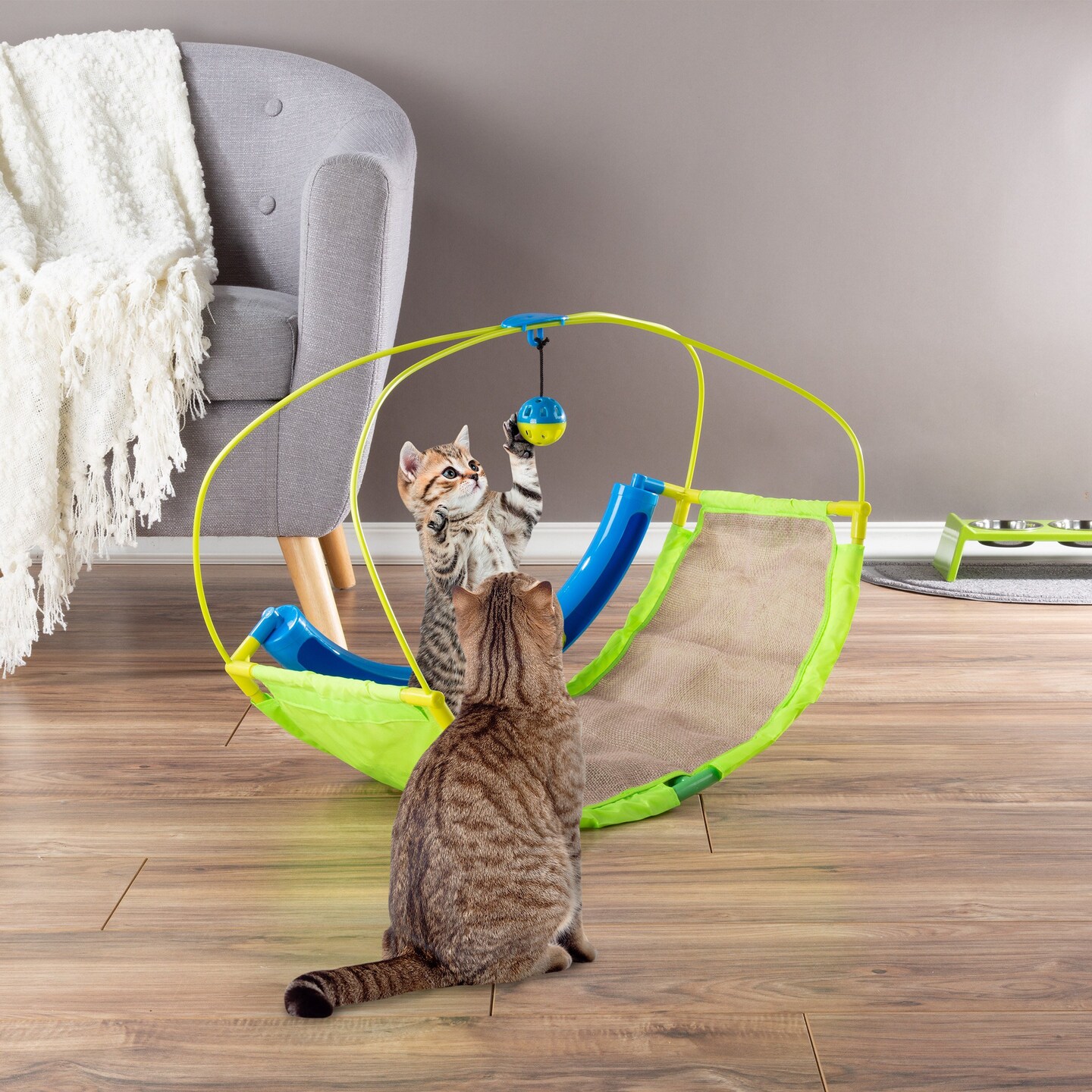 Petmaker Interactive Cat Toy Rocking Activity Mat- Swing Playing Station with Sisal Scratching Area Hanging Toy Rolling Ball for