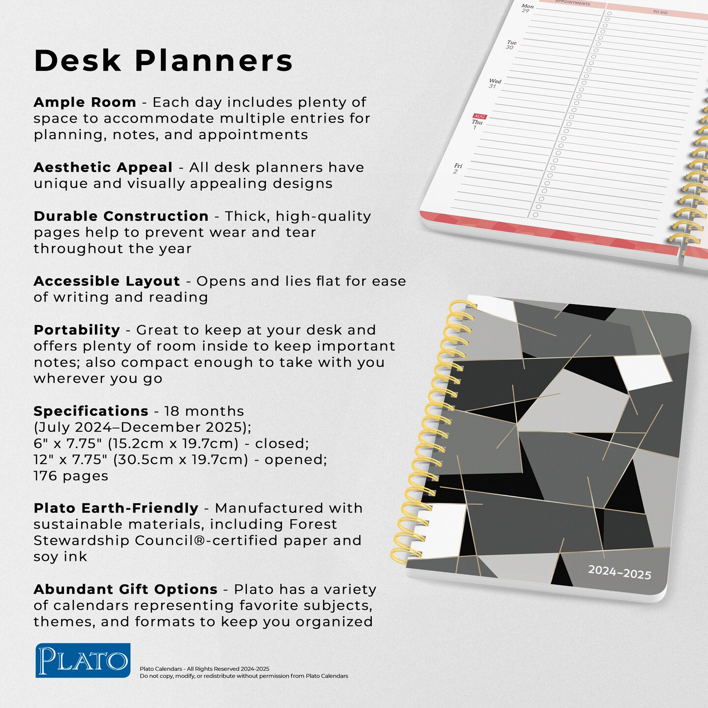 Pen &#x26; Ink | 2025 6 x 7.75 Inch 18 Months Weekly Desk Planner | Foil Stamped Cover | July 2024 - December 2025 | Plato | Stationery Planning