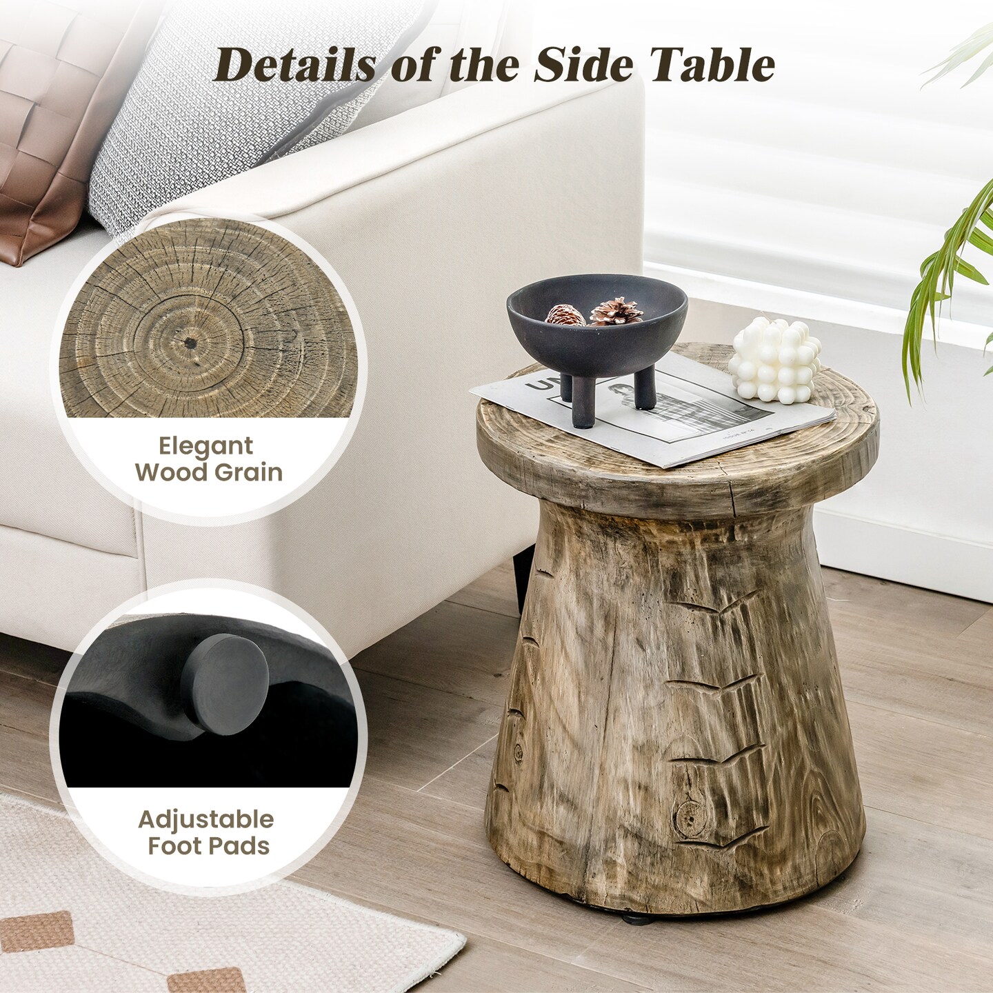 Weather Resident Rock End Table With Wood Grain For Living Room