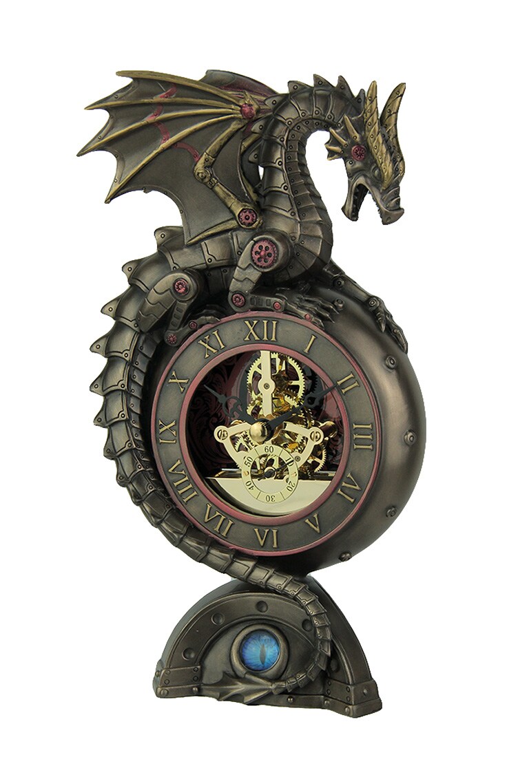 Steampunk Dragon Bronze Finish Table Clock With Moving Clockworks