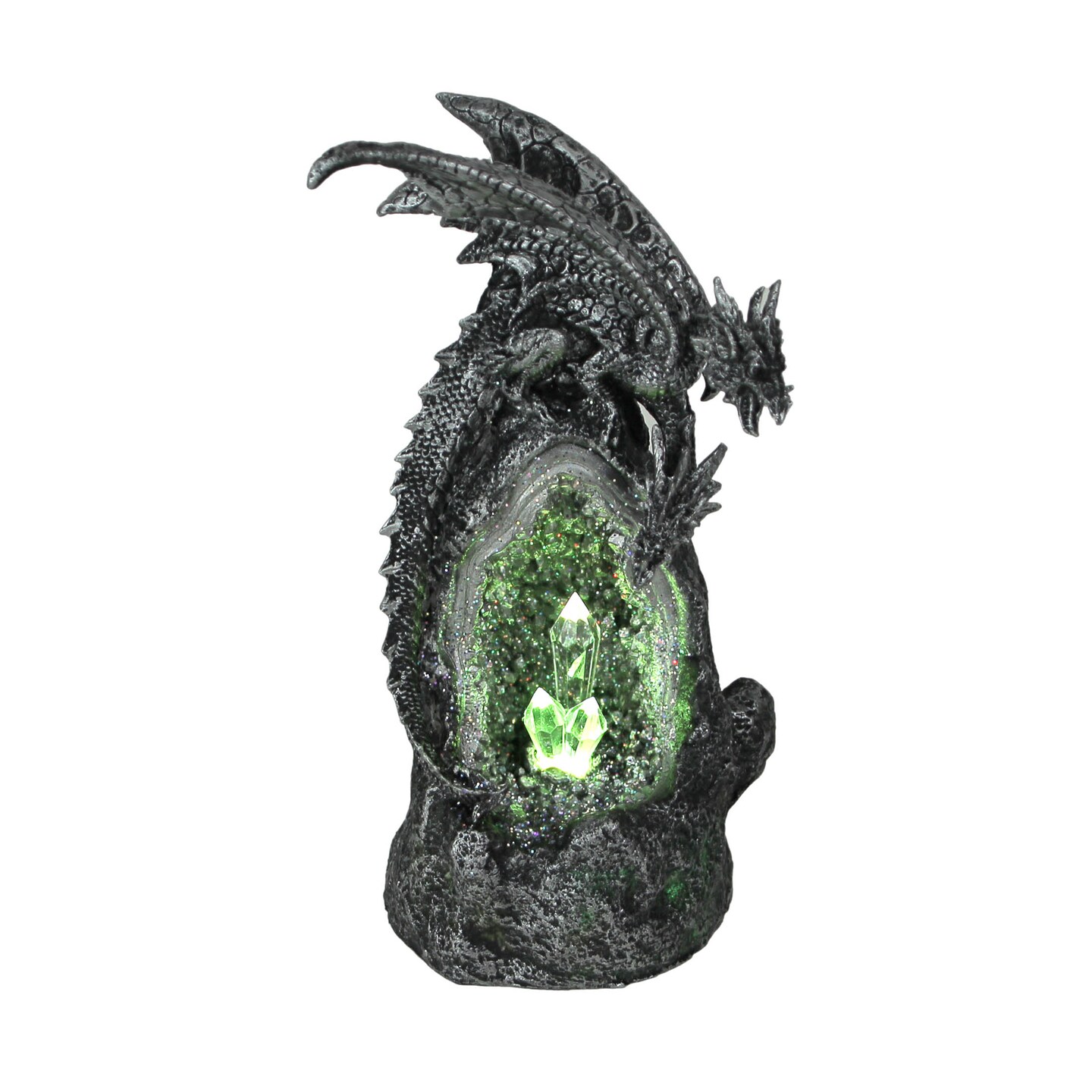 Silver / Black Two Headed Dragon On LED Geode Crystal Stone Statue
