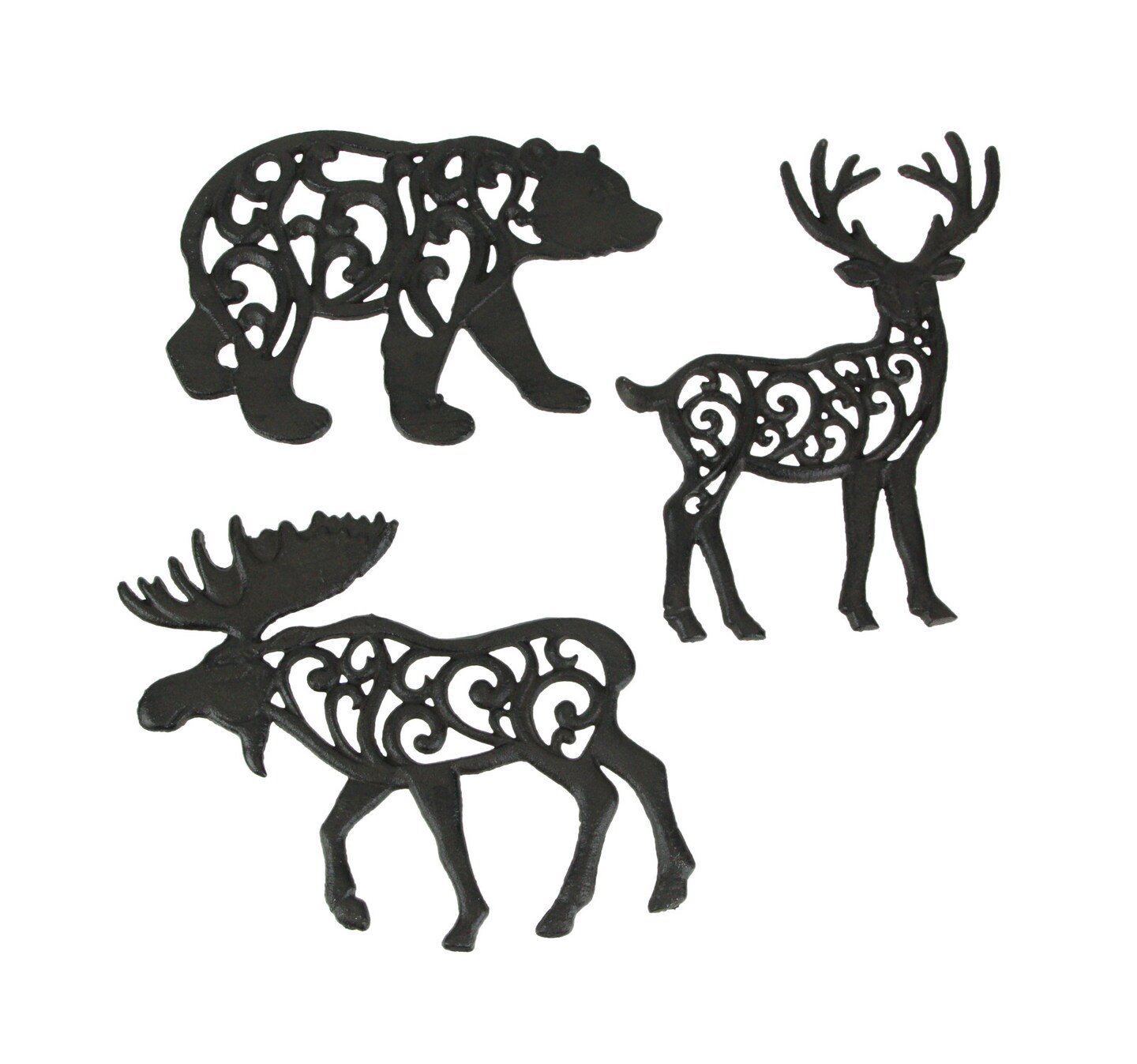 Set of 3 Cast Iron Lodge Design Kitchen Trivets Wall Hanging Art Deer Moose Bear