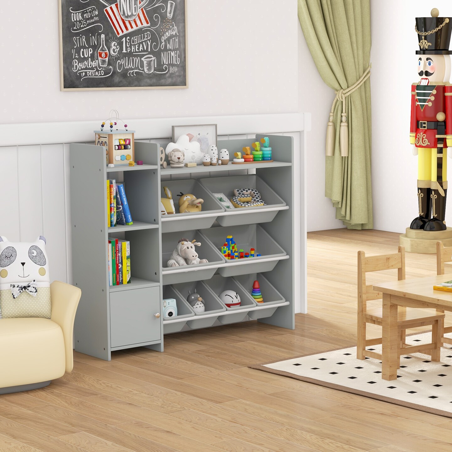 4-Tier Kids Bookshelf and Toy Storage Rack with 8 Toy Organizer Bins-Grey - 44.5&#x22; x 12&#x22; x 39.5&#x22;