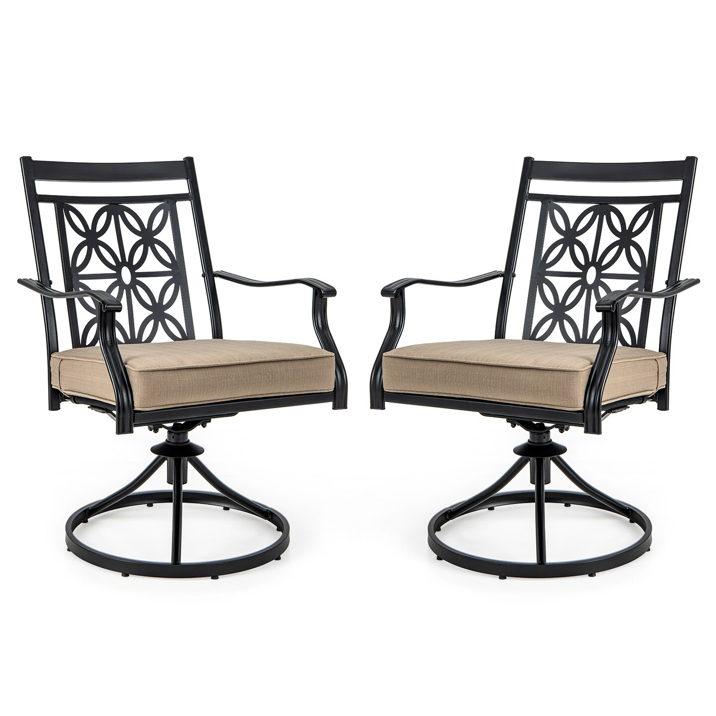 2 Pieces Patio Swivel Chairs With Blossom Pattern Backrest And Cushions-Black