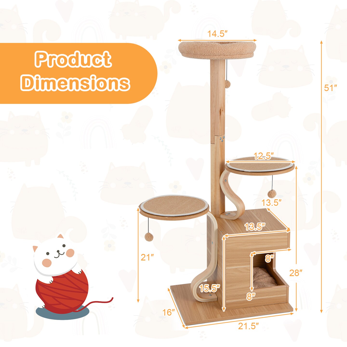 4-Layer Tall Wooden Cat Tree Tower with Condo and Washable Cushions