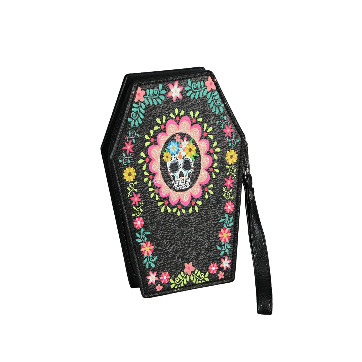 Day of the Dead Sugar Skull Coffin Shaped Wallet With Removable Wrist Strap