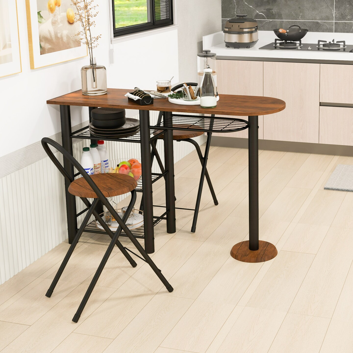 3 Pieces Retro Dining Table Set With 4-tier Storage Shelf