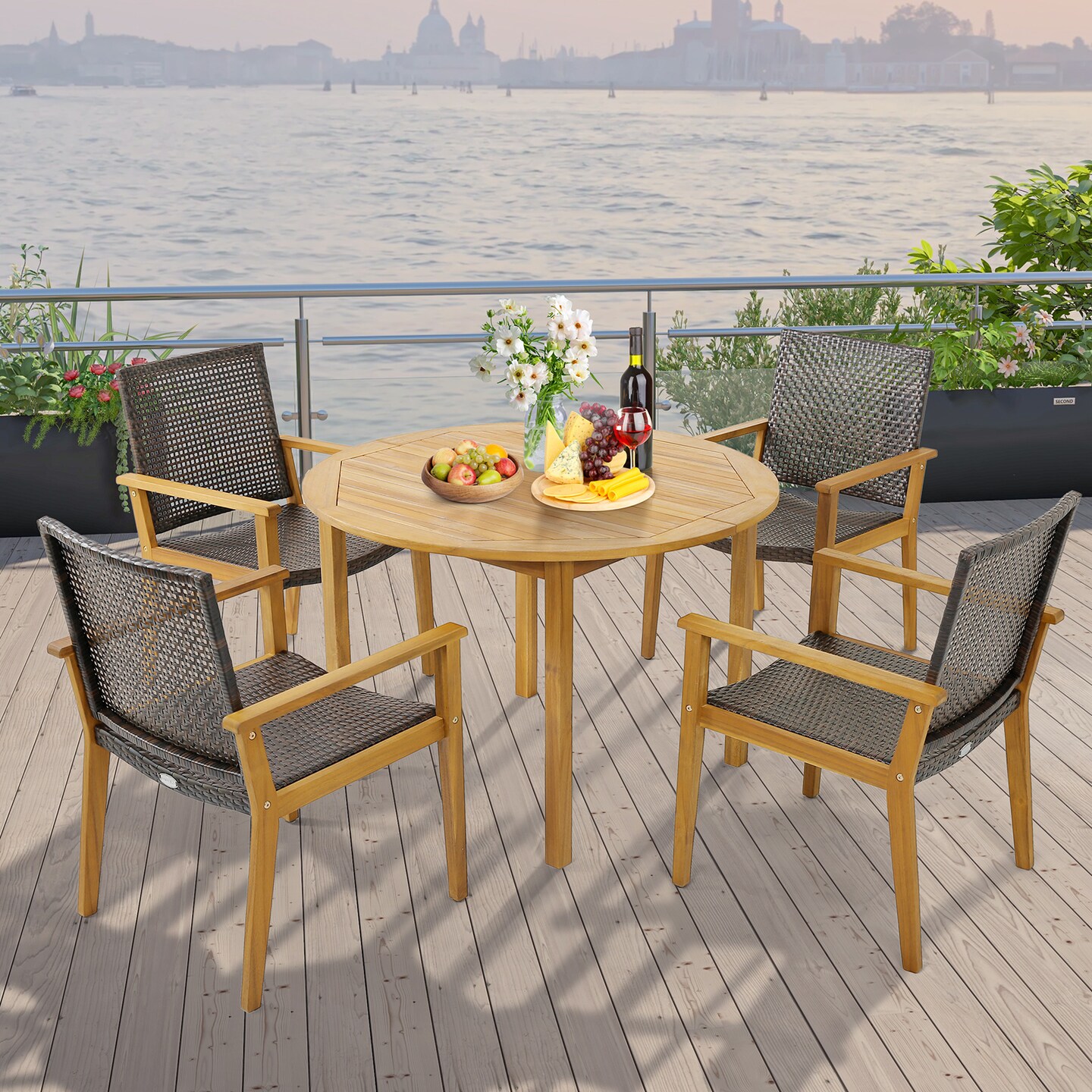 Outdoor Rattan Chair With Sturdy Acacia Wood Frame - Set Of 4