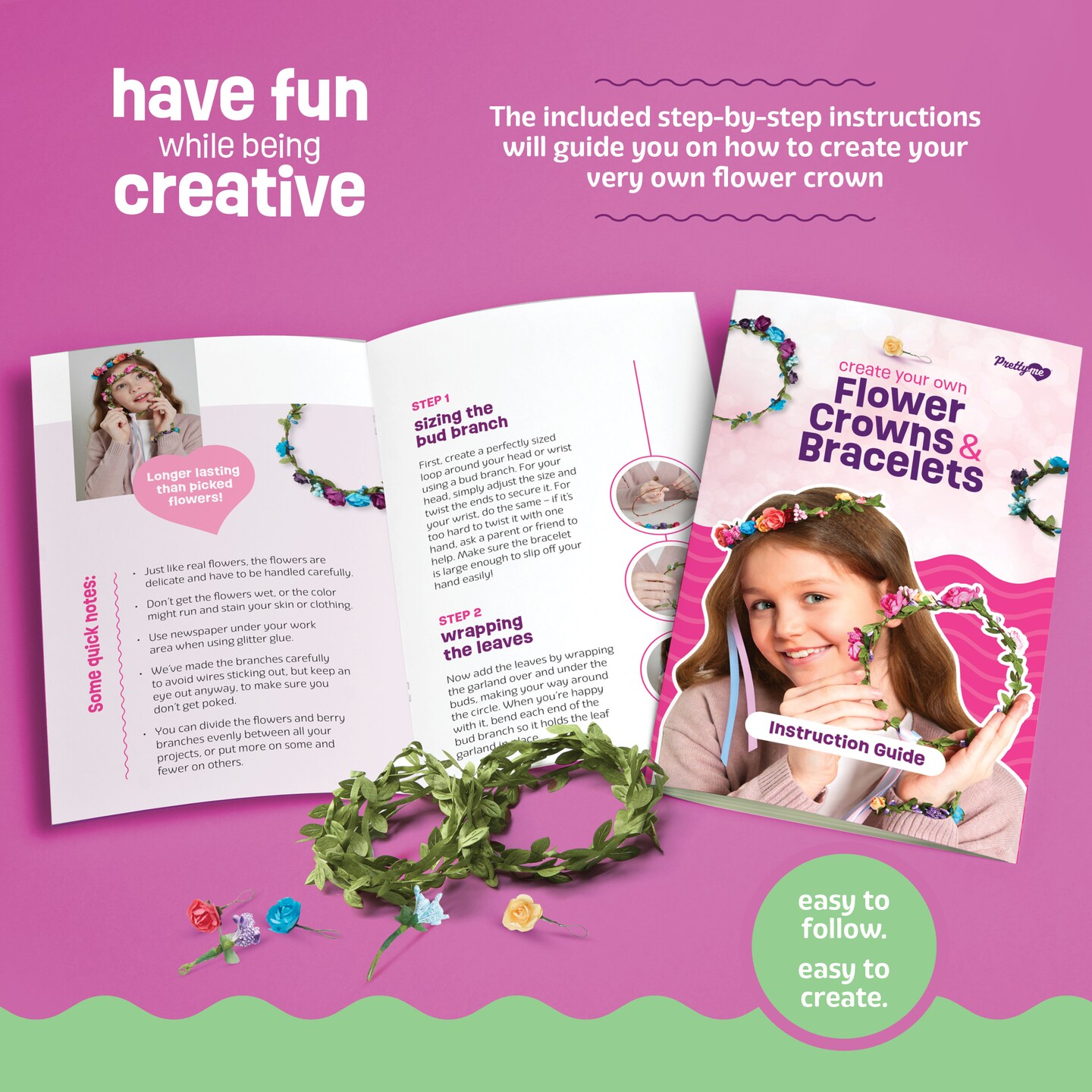Flower Crowns & Bracelet Making Kit for Girls - Make Your Own Jewelry Kits for Kids - DIY Hair Accessories Set - Arts & Crafts Gift for Ages 6-12 Year Old Girl - Craft Maker Gifts Toys