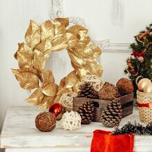 Gold Magnolia Leaf Christmas Wreath with Glitter Accents, 24&#x22; Holiday Door Decor, Indoor/Outdoor - 2024 Christmas Collection, Floral Home by Artificial Flowers