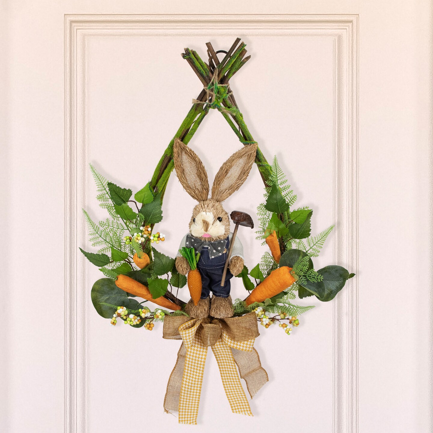 Northlight Farmer Bunny Moss Vines Teardrop Easter Wreath - 22&#x22; - Green and Orange - Unlit