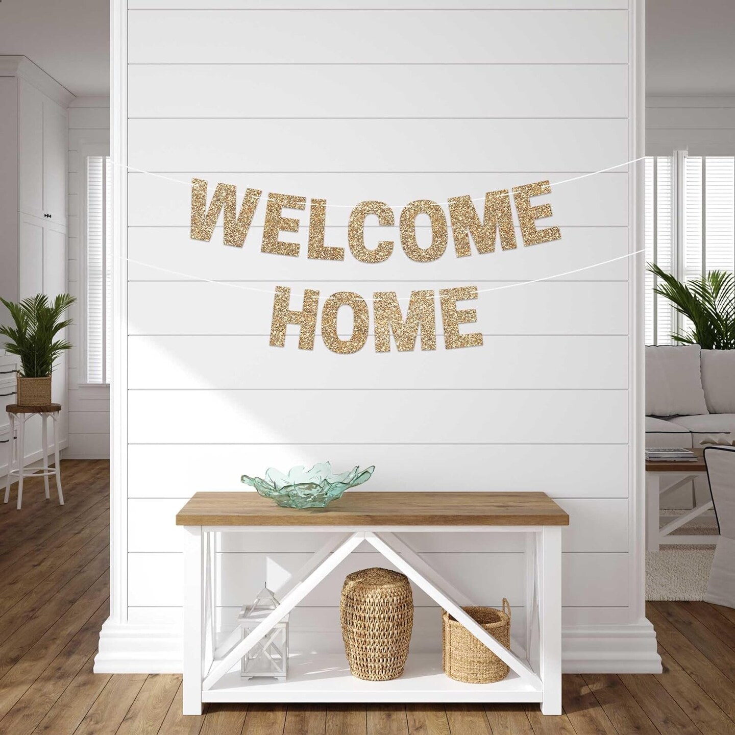 Pre-Strung Welcome Home Banner - NO DIY - Gold Glitter Welcome Home Banner - Pre-Strung on 8 ft Strand - Housewarming, Homecoming, &#x26; Military Return Party Decorations &#x26; Decor.