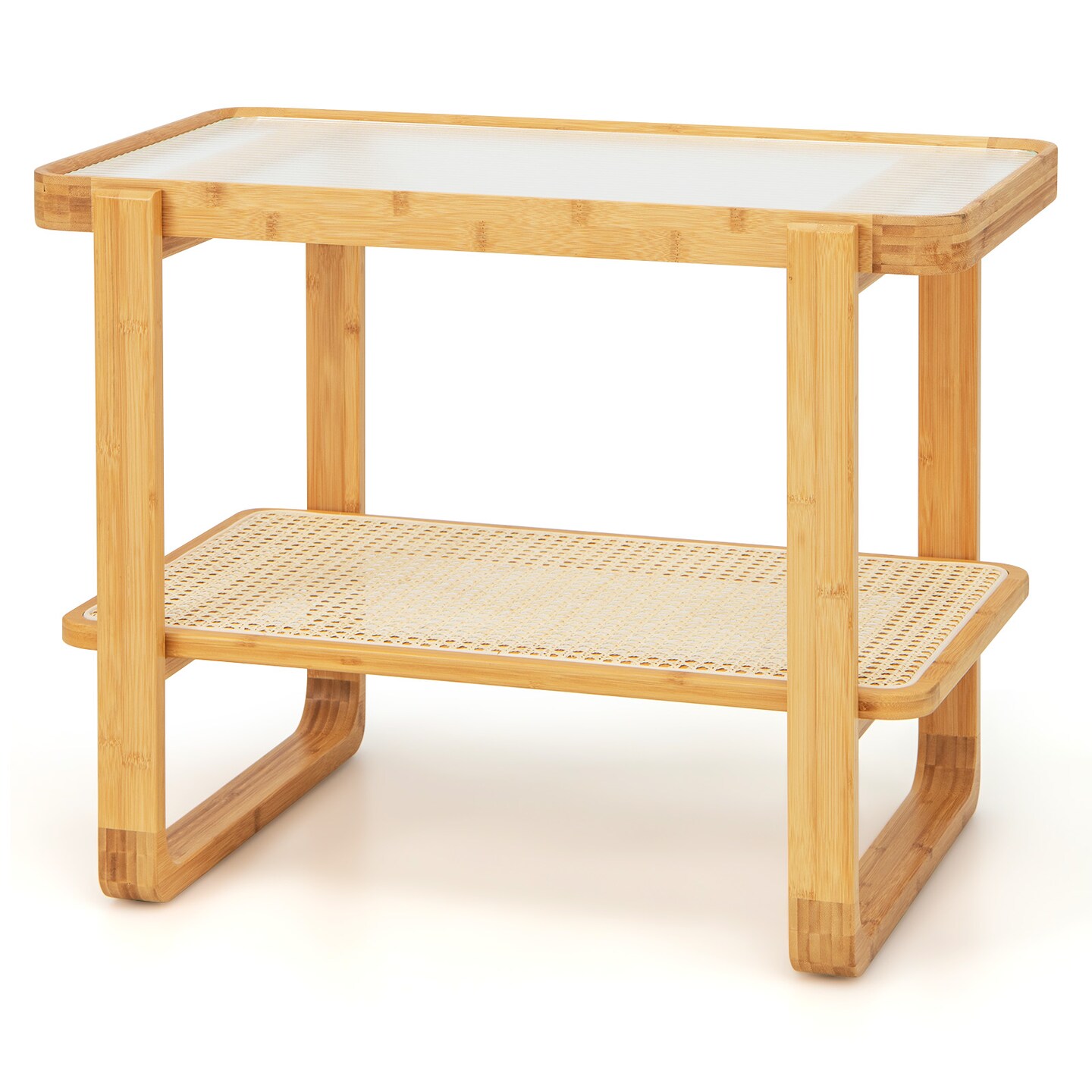 2-tier Wicker Side Table With Glass Top-Natural