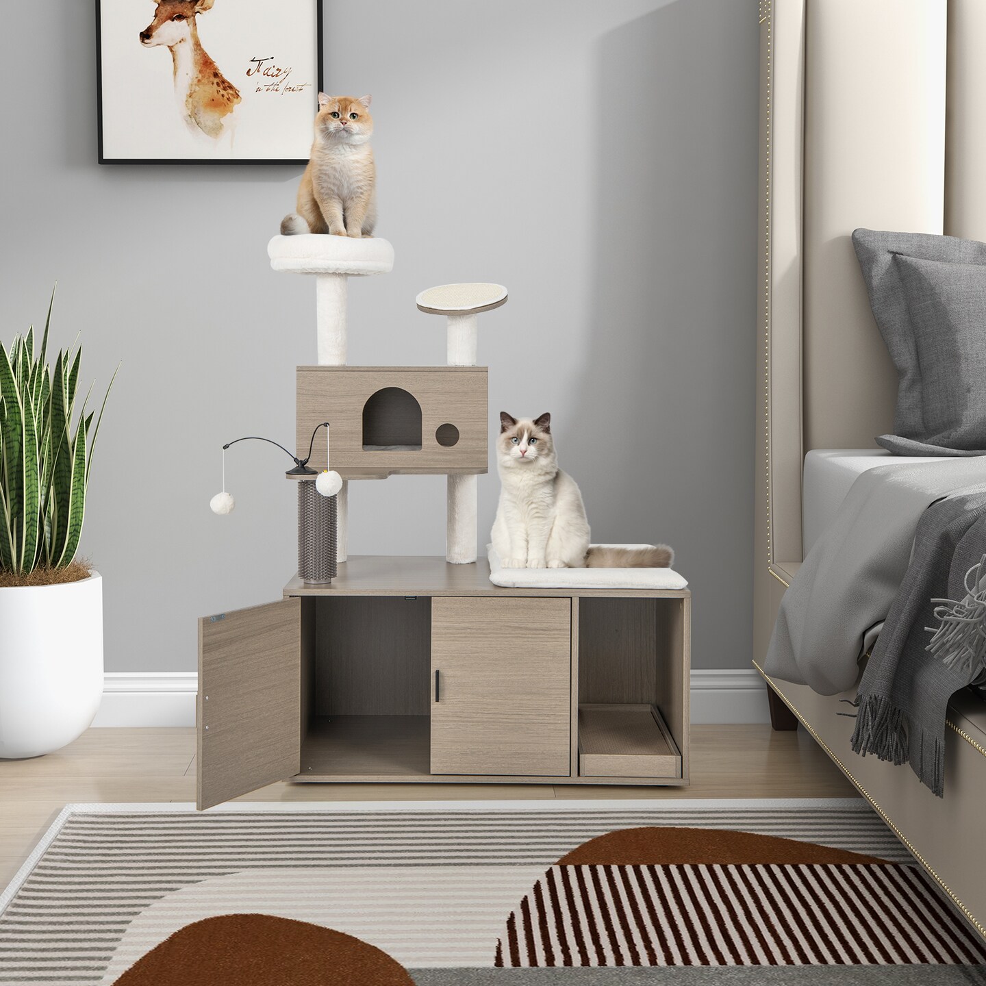 2-in-1 Modern Cat Tower With Litter Box Enclosure For Indoor Cars-gray