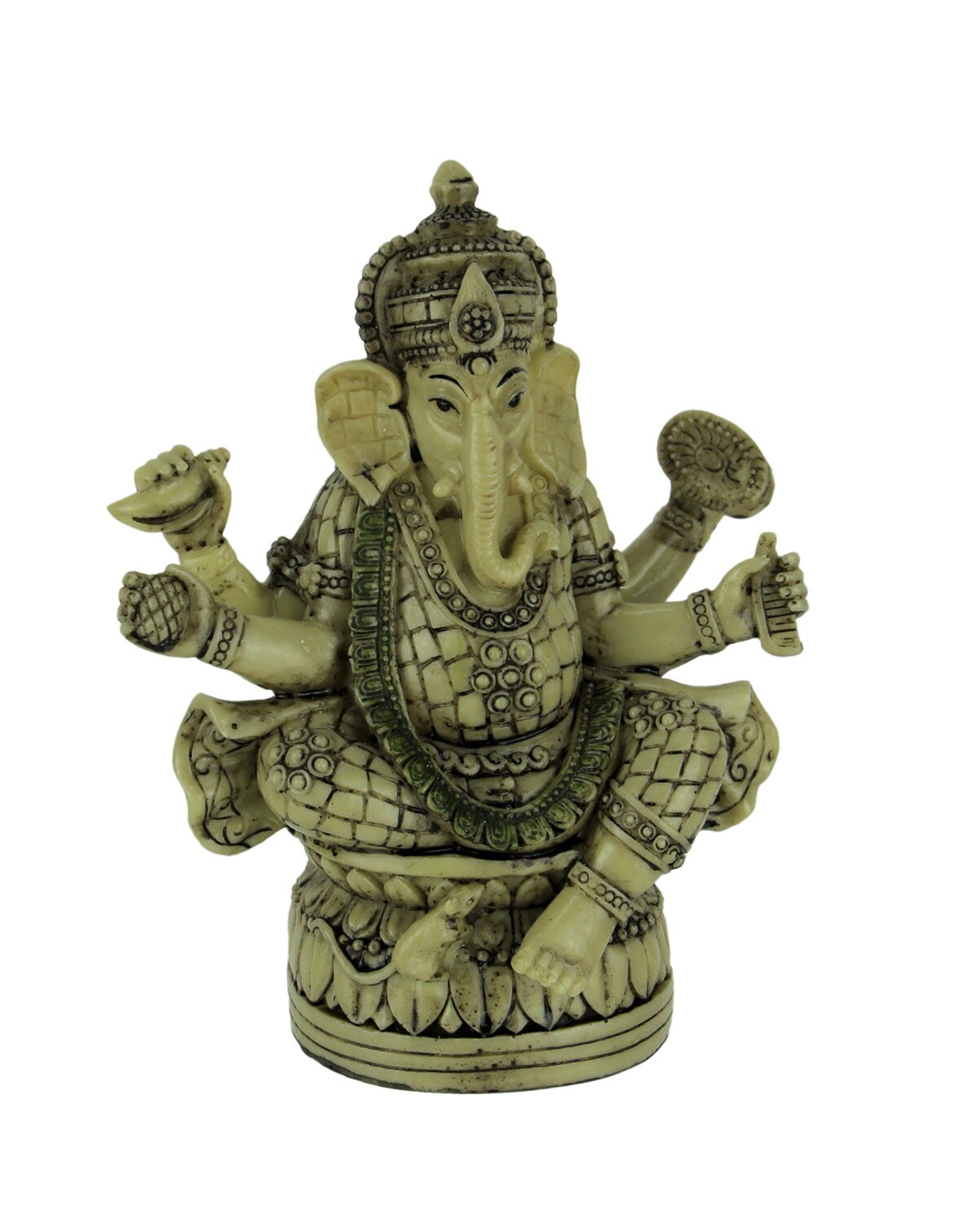 Lord Ganesha Sitting On Lotus Flower Holding Sacred Objects Statue