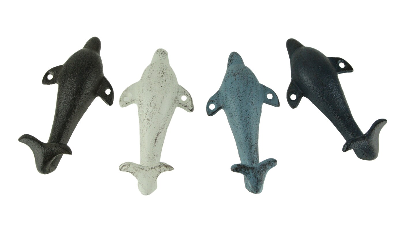 4 Piece Distressed Finish Cast Iron Dolphin Wall Hook Set Coastal Colors