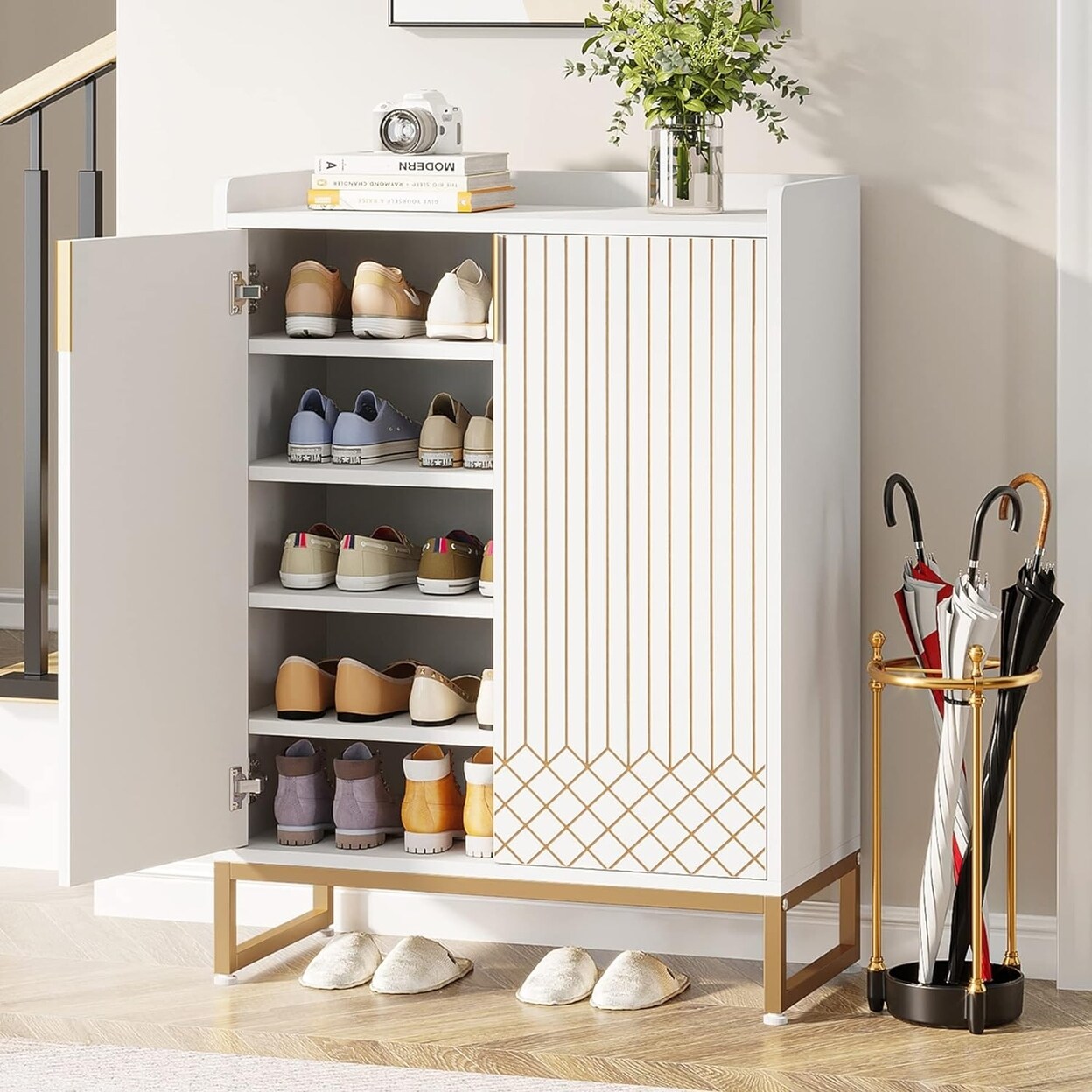 Tribesigns White 5-Tier Shoe Cabinet Entryway Storage For 25 Pairs Wood Organizer