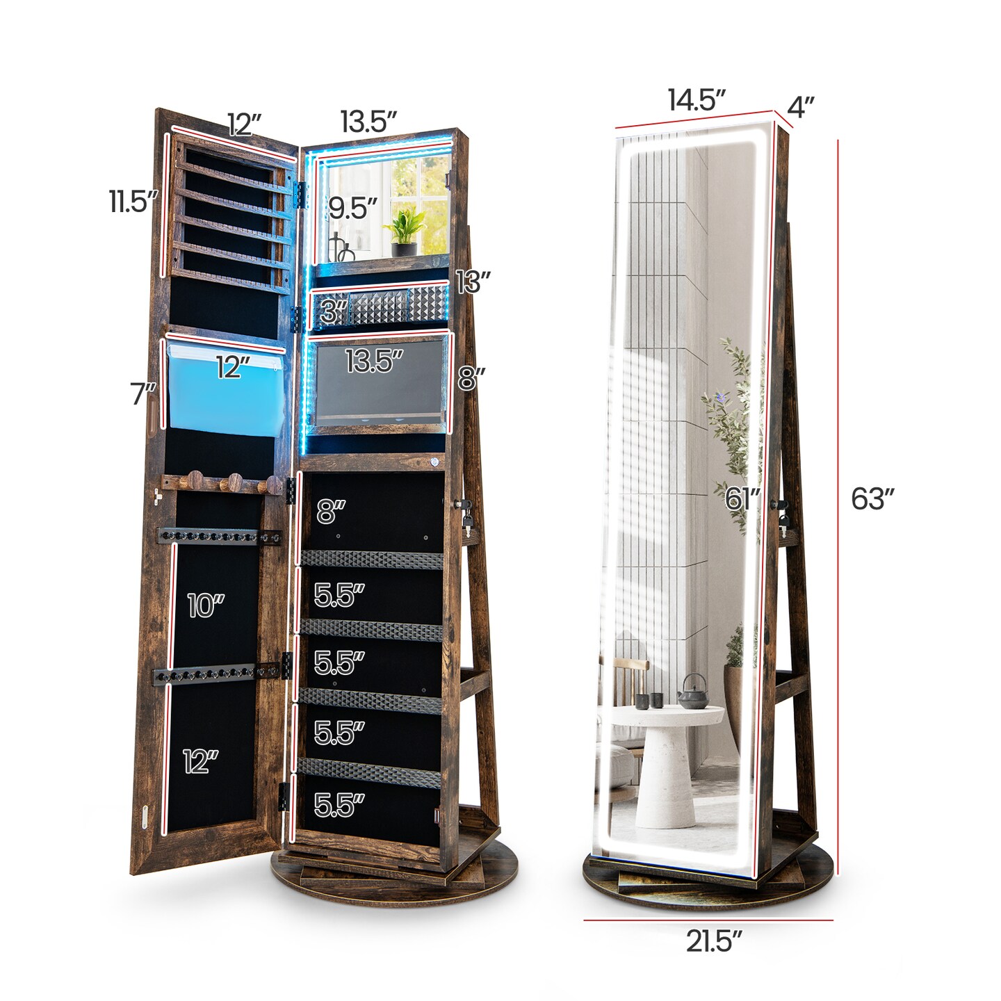 Standing Jewelry Cabinet With Adjustable Led Lights