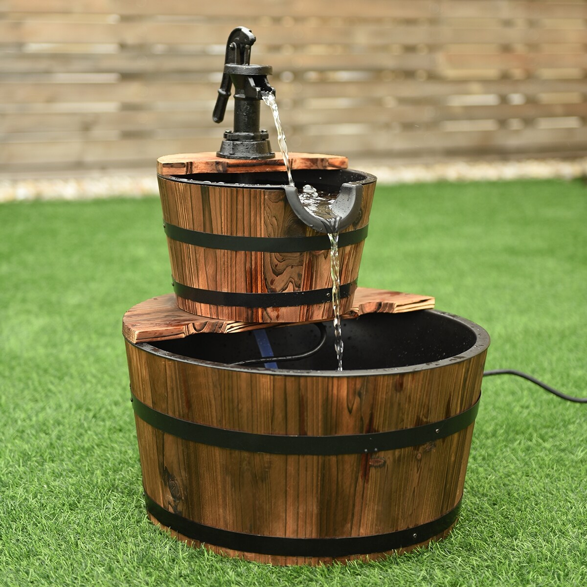 Brown Wood Water Pump Fountain Fir Wood Powder-Coated Iron Indoor Outdoor