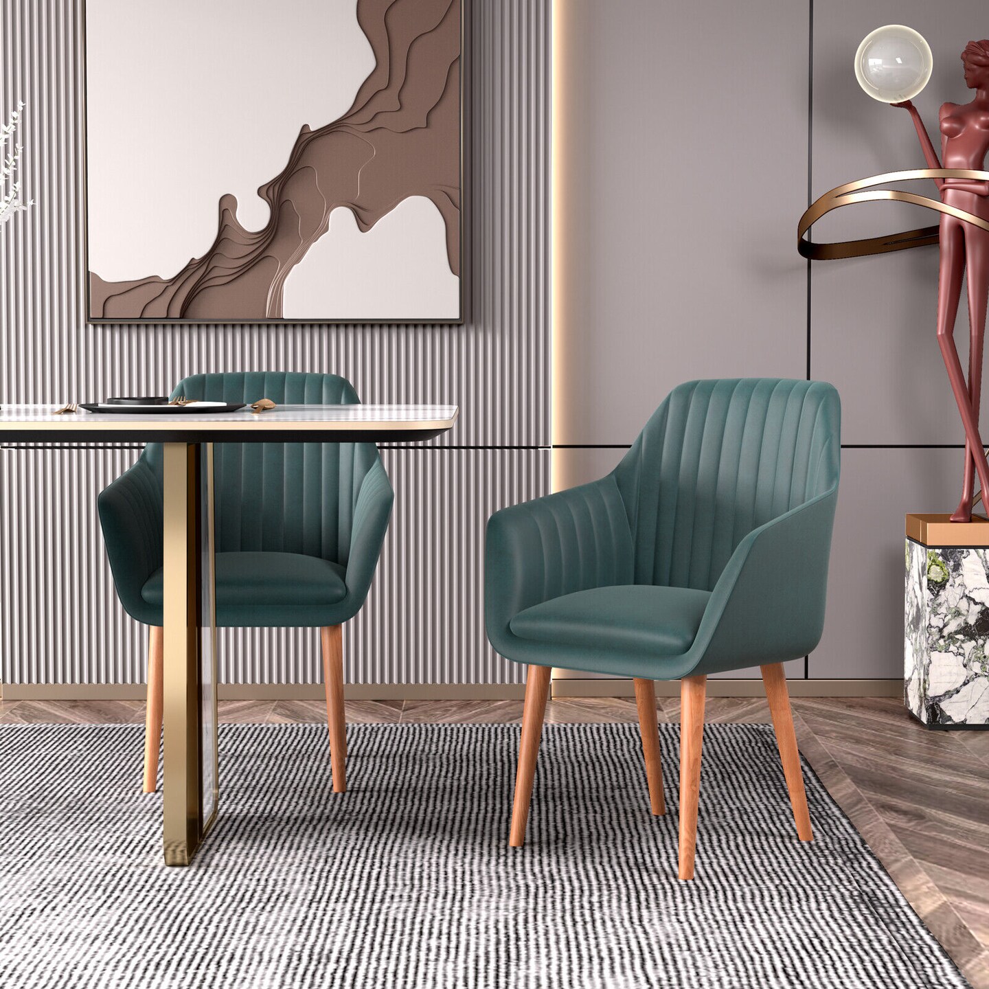 Set Of 2 Upholstered Dining Chairs With Soft Padded Cushion-Green