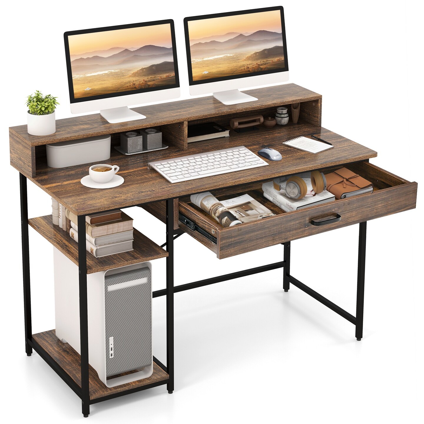 48 Inch Computer Desk With Monitor Stand Drawer And Shelves-Rustic Brown