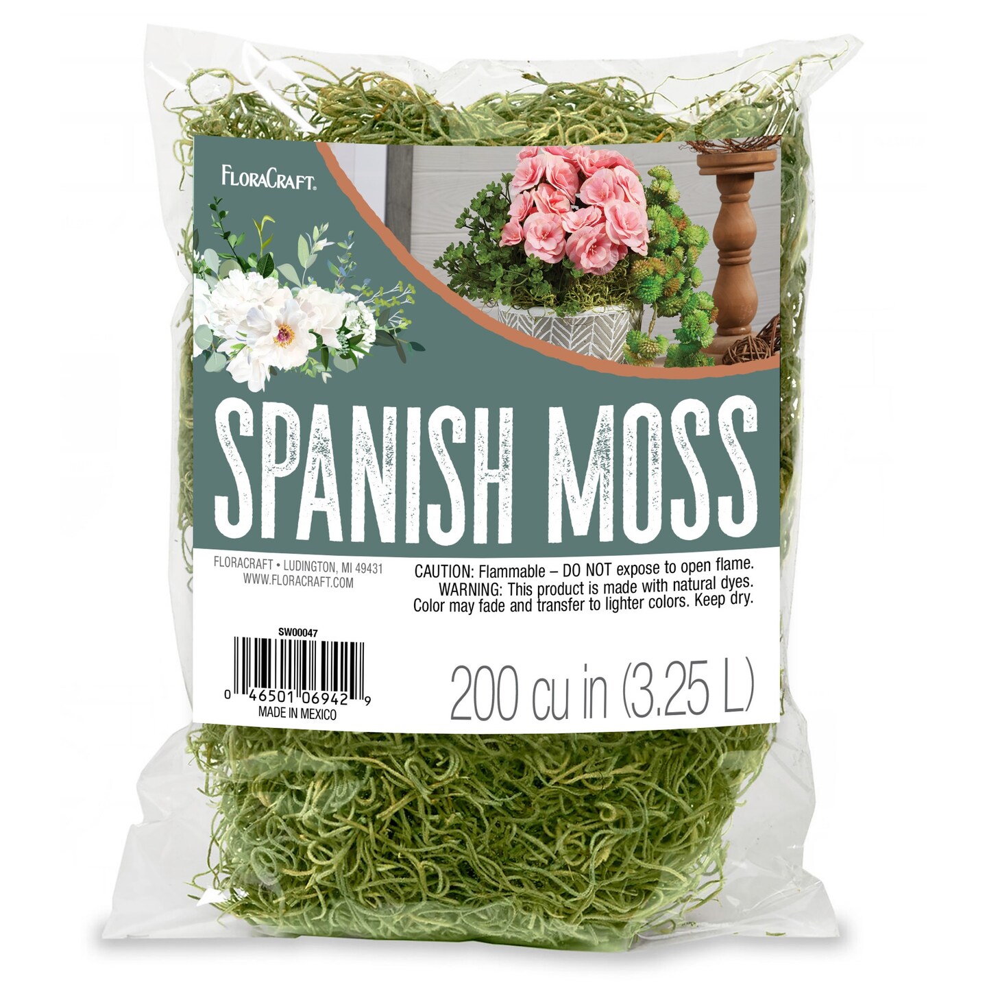 FloraCraft Dyed Spanish Moss 200 Cubic Inch-Green