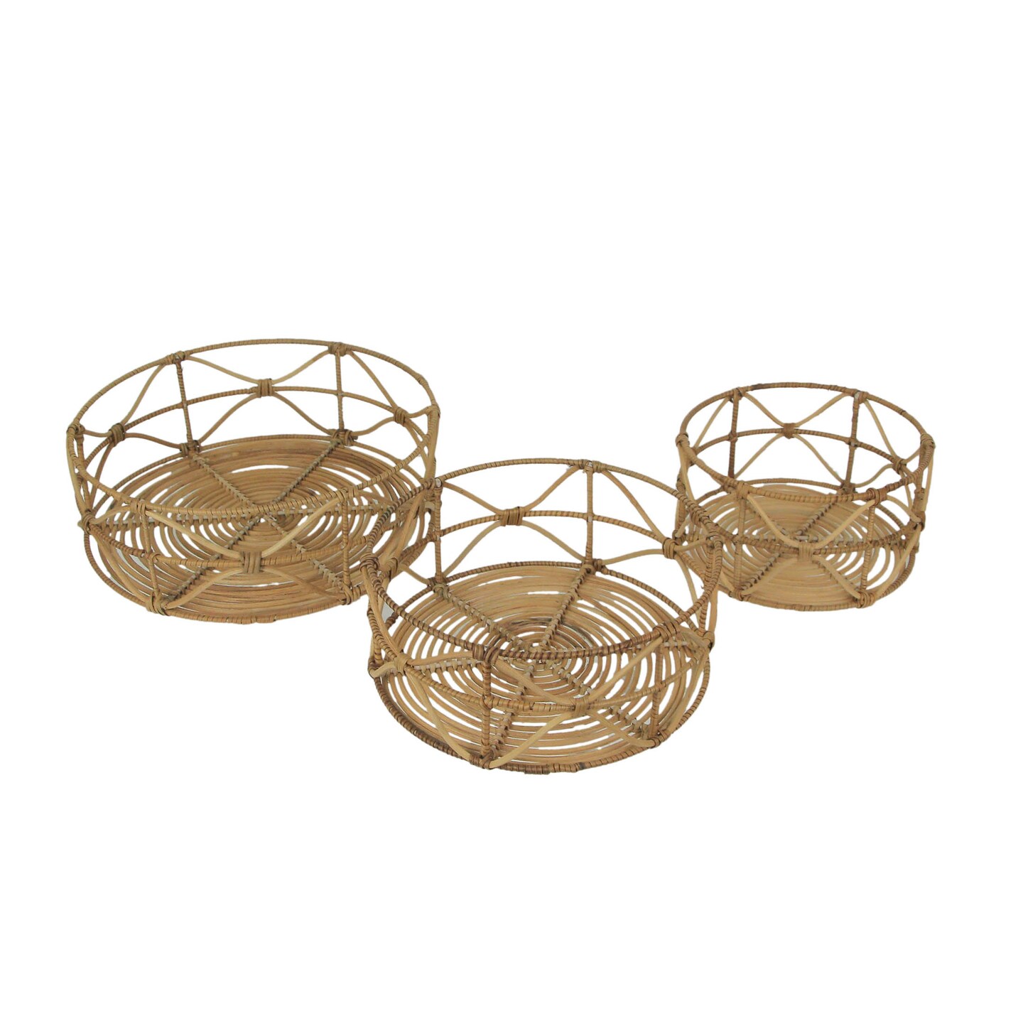 Set of 3 Metal and Rattan Nesting Round Basket Trays
