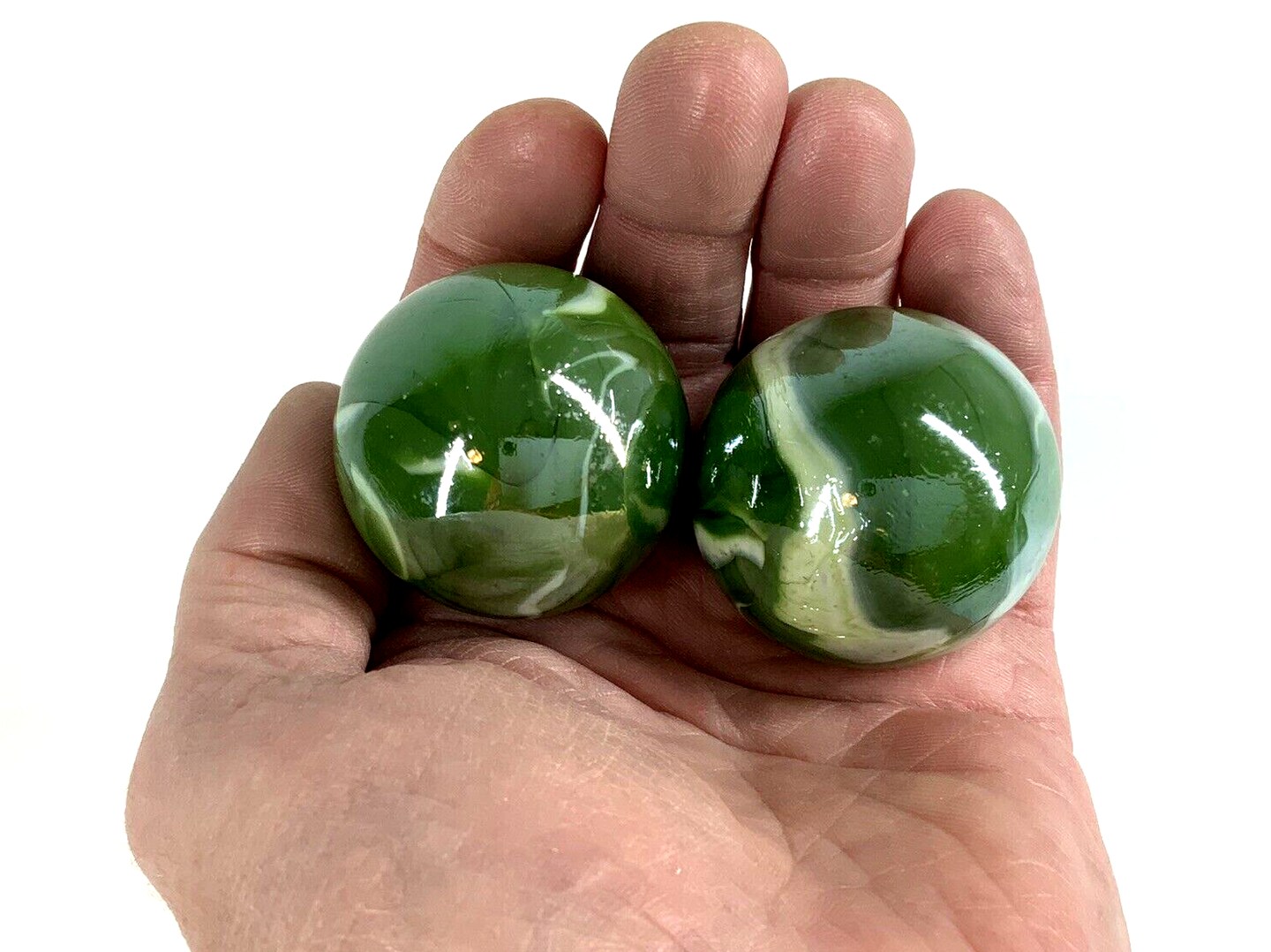 2 Boulders 50mm (1 5/8&#x22;) FUNGUS Marbles glass ball Green White Iridescent large Swirl