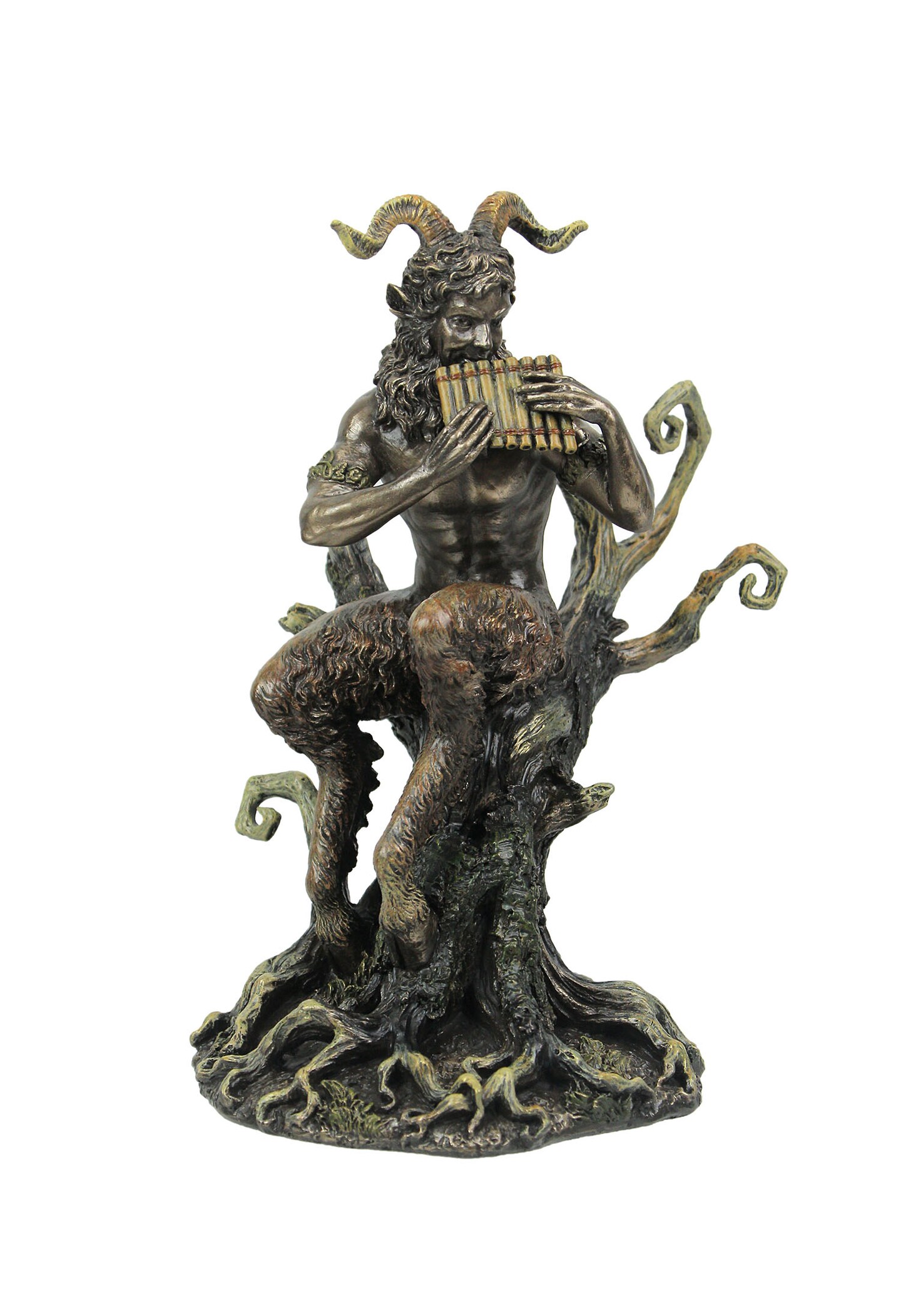 Bronzed Finish Greek Mythology Faun Pan Playing Flute In Forest Statue