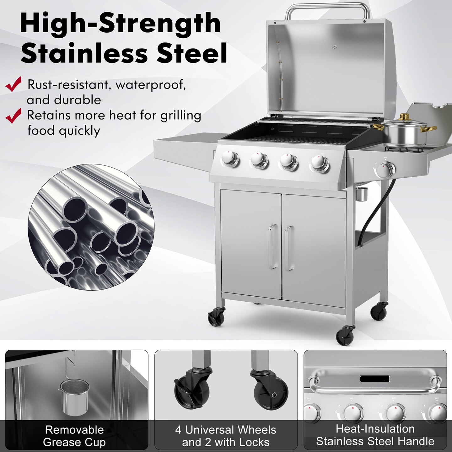 Costway 5-Burner Propane Gas BBQ Grill withSide Burner,Thermometer,Prep Table 50000 BTU