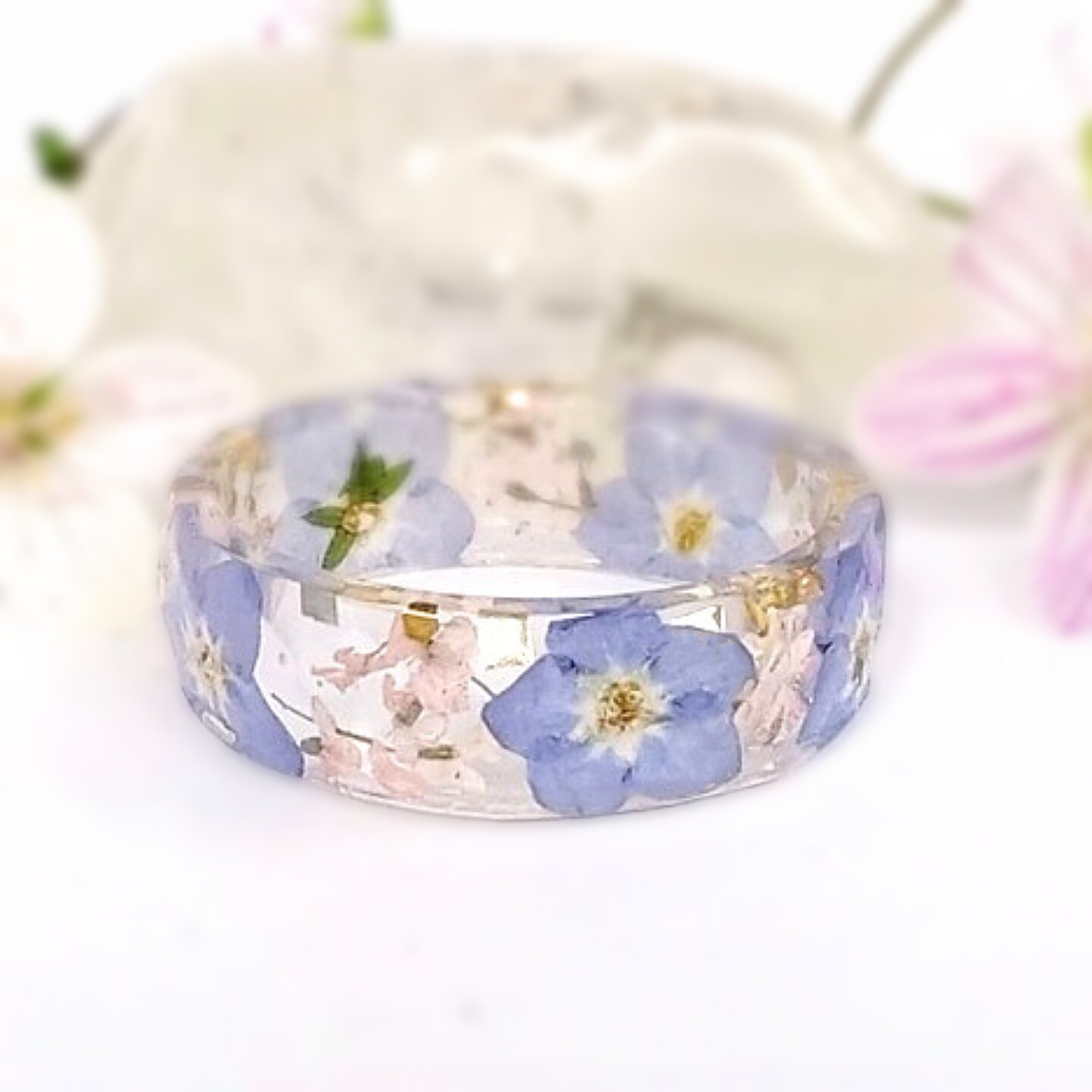 Forget-me-not ring, Flower resin ring, Floral ring, Pink and Blue flowers ring, Ring with gold foil, Mothers Day Gift 306731151447146497