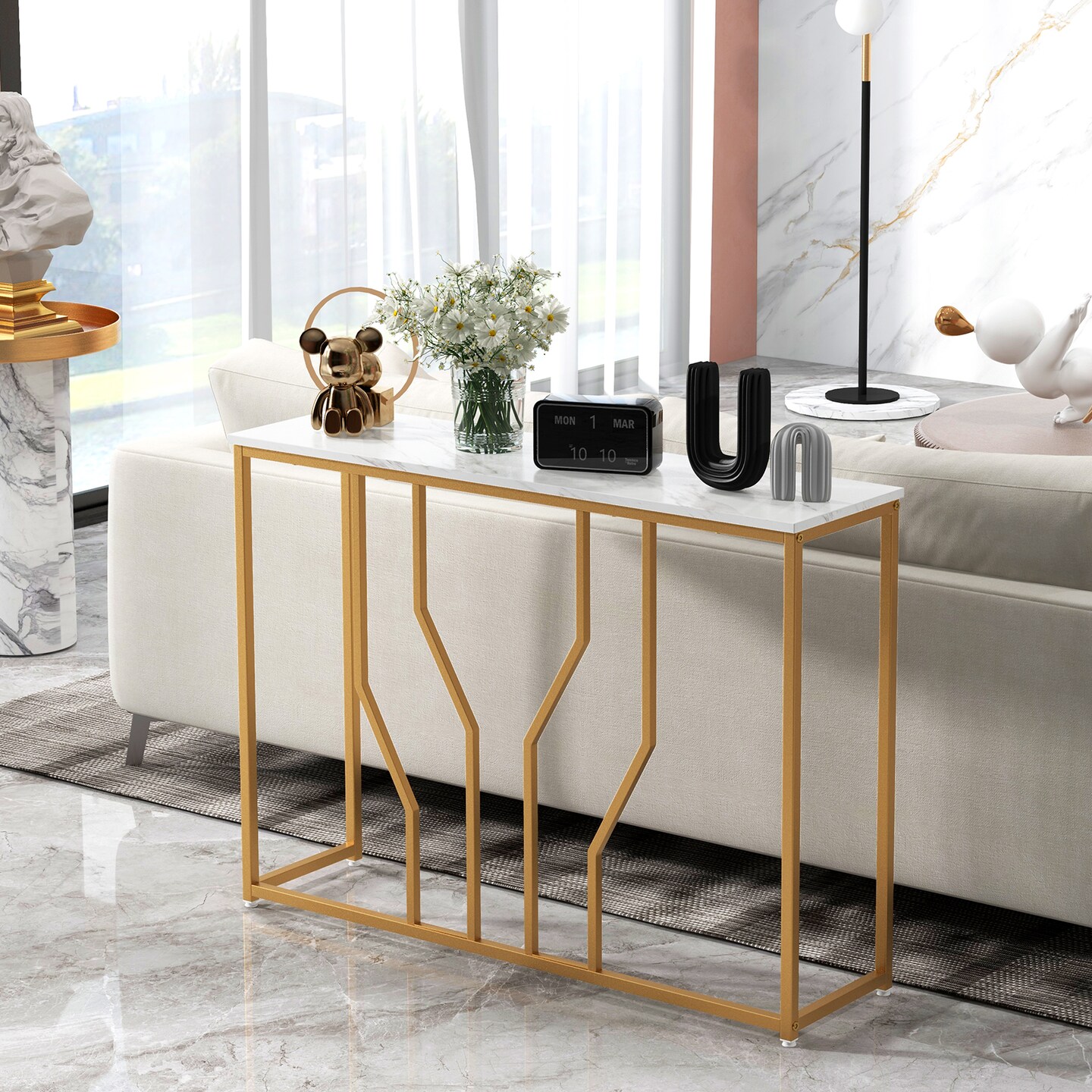 44 Inch Modern White Entryway Table With Faux Marble Tabletop-white