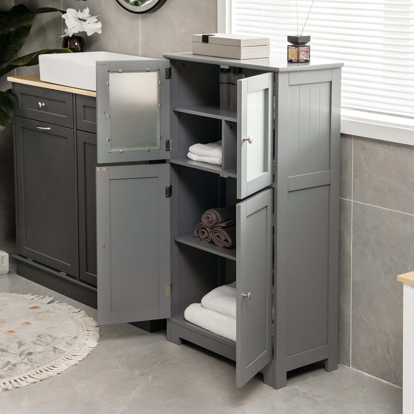Costway Bathroom Floor Storage Cabinet Kitchen Cupboard w/Doors&#x26;Adjustable Shelf Black\Brown