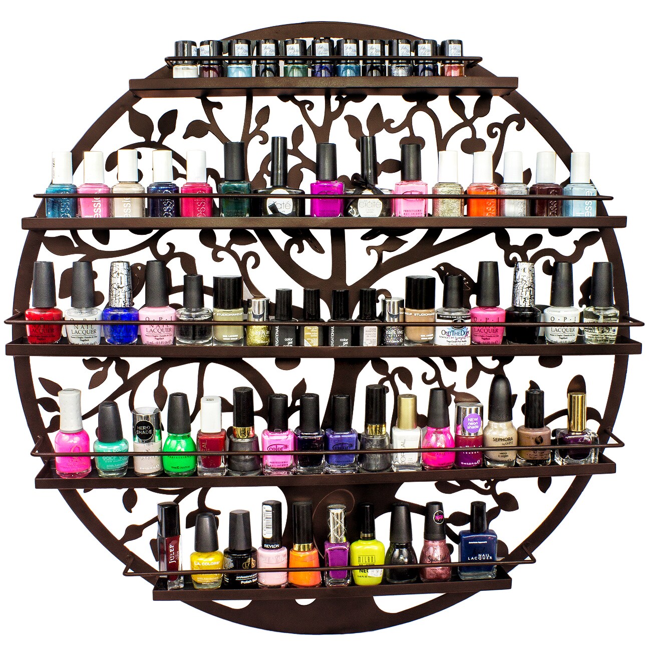 Sorbus Wall Mounted 5-Tier Nail Polish Rack Holder - Tree Silhouette Round Metal Salon Wall Art Display
