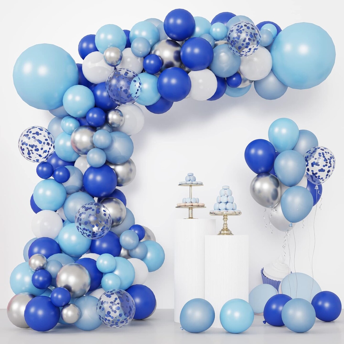 Blue Balloons Garland Arch Kit, Blue and White Balloons, Royal Blue Baby Blue White Sliver Balloon Arch for Baby Shower Birthday Graduation Party Decorations