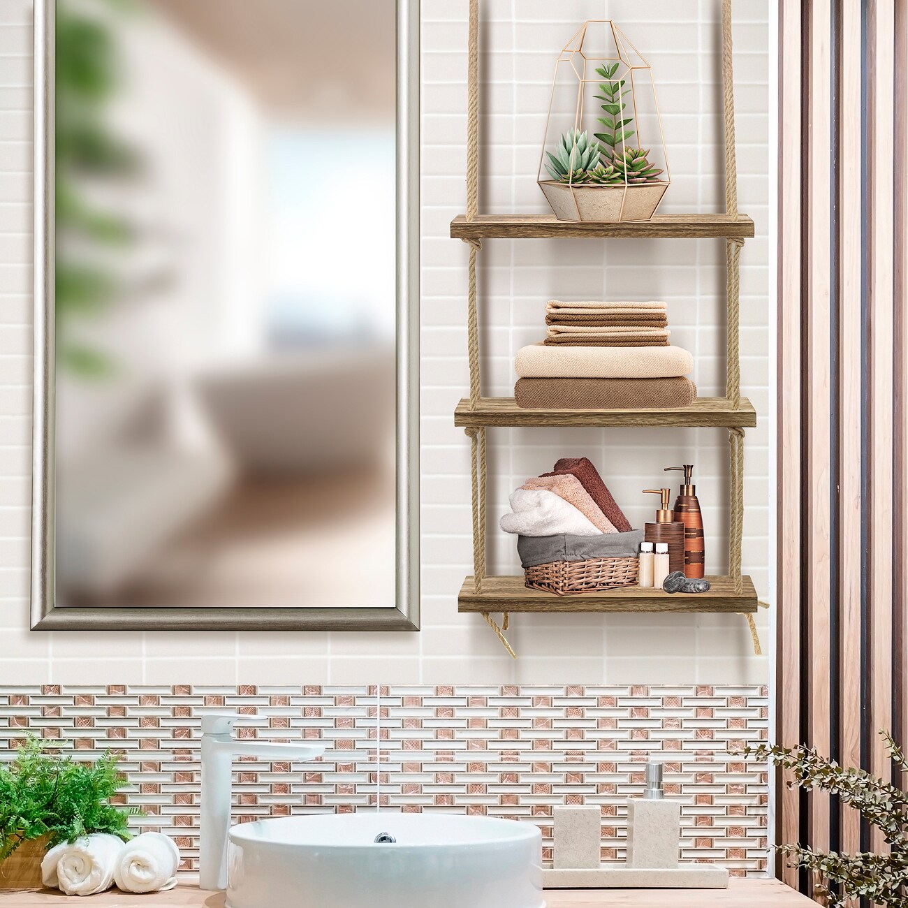 Sorbus 3-Tier Rustic Wood Hanging Rope Storage Shelves