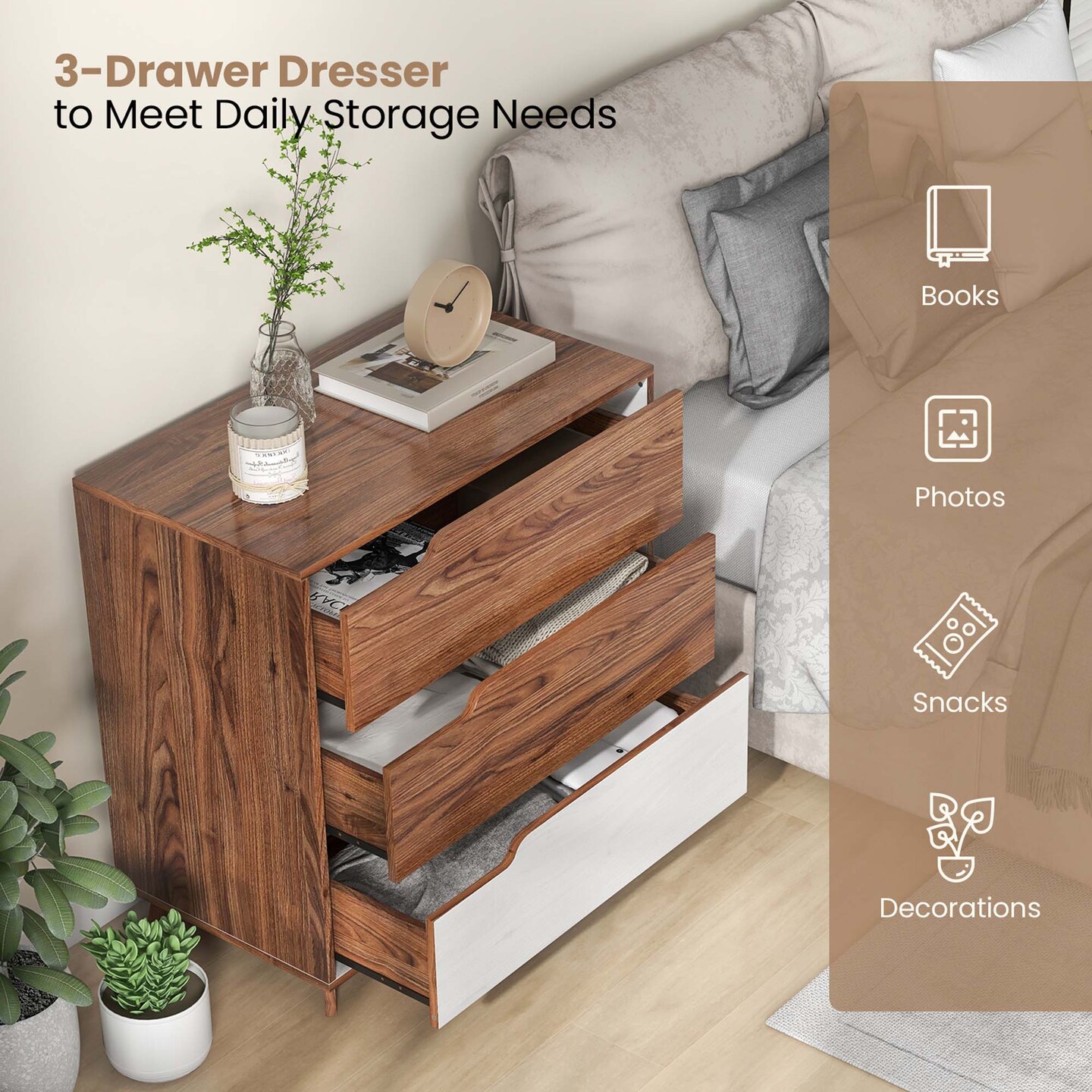 Costway 3-Drawer Dresser Farmhouse Wooden Sofa Beside Table Storage Organizer Rustic