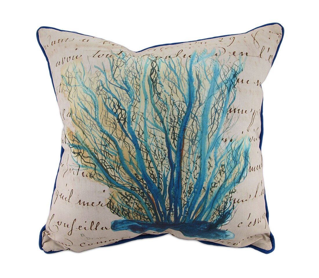Betsy Drake Blue Coral Print Beige In/Outdoor Decorative Throw Pillow 18in.