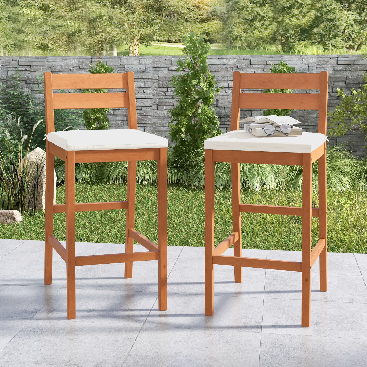 Off White Cushion Bar Stool Eucalyptus Wood Natural Frame Ergonomic Design
