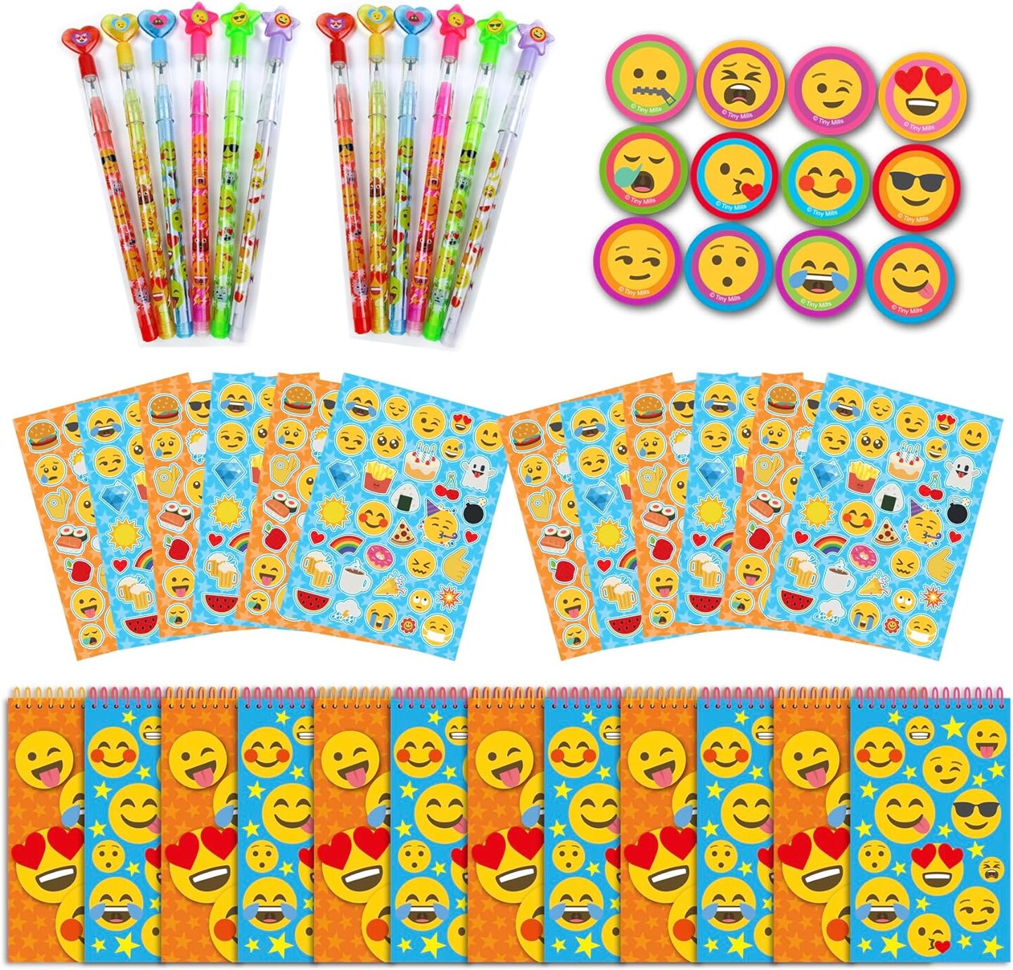TINYMILLS Emoji Birthday Party Favor Set (12 multi-point pencils, 12 stampers, 12 sticker sheets, 12 small spiral notepads) Emoji Pencils Emoji Stampers Emoji Notepads Emoji Stickers