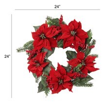 22&#x22; Red Velvet Poinsettia Wreath with Silk Flowers &#x26; Berries, Floral Home by Artificial Flowers