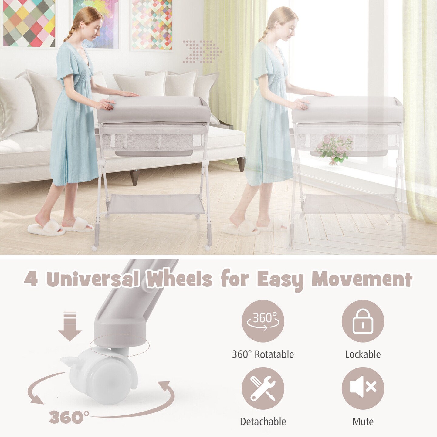 Foldable Baby Changing Table with Wheels