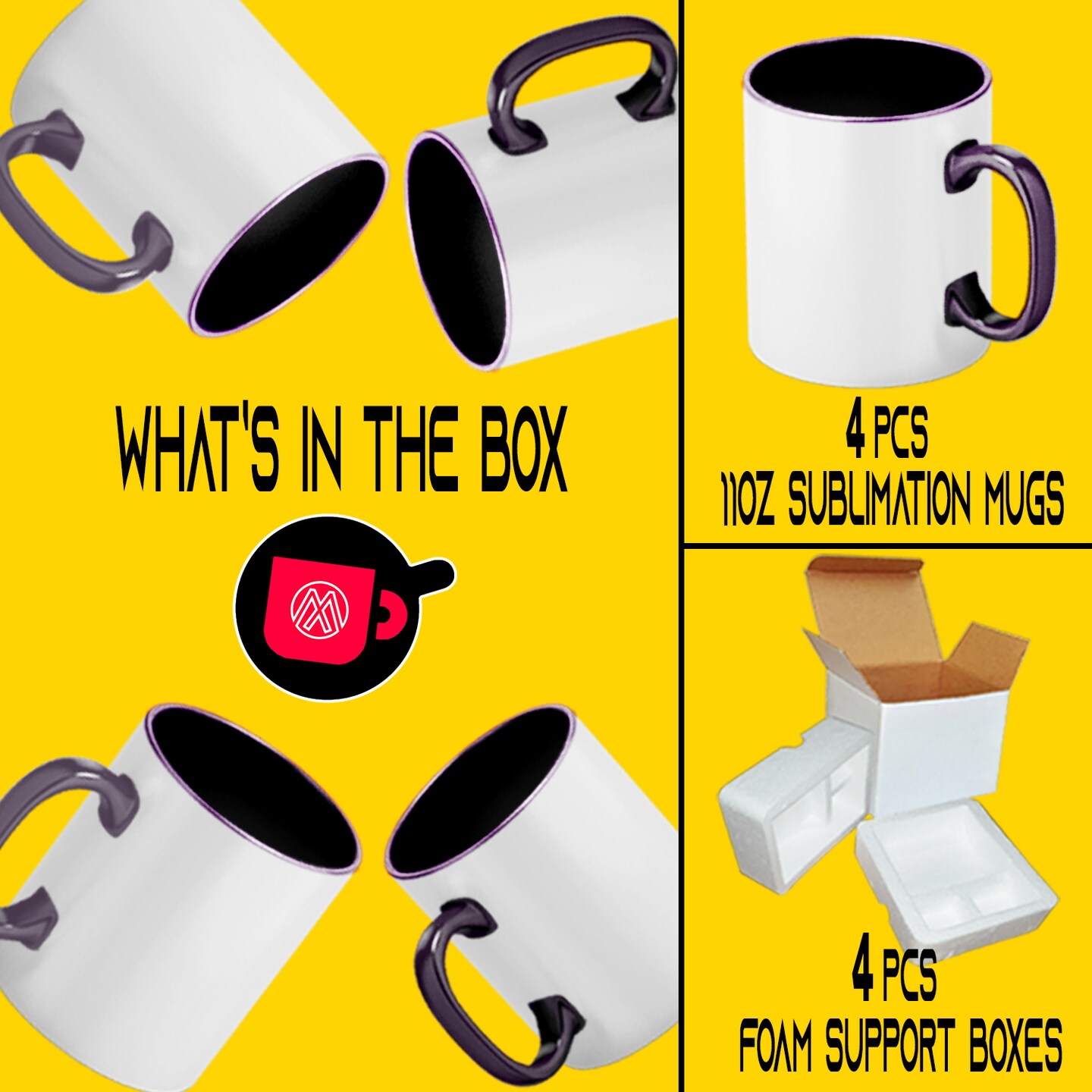 Purple 11oz Sublimation Mugs - Set of Four 11oz Sublimation Mugs with Purple Interior Handle and Foam Shipping Box Included