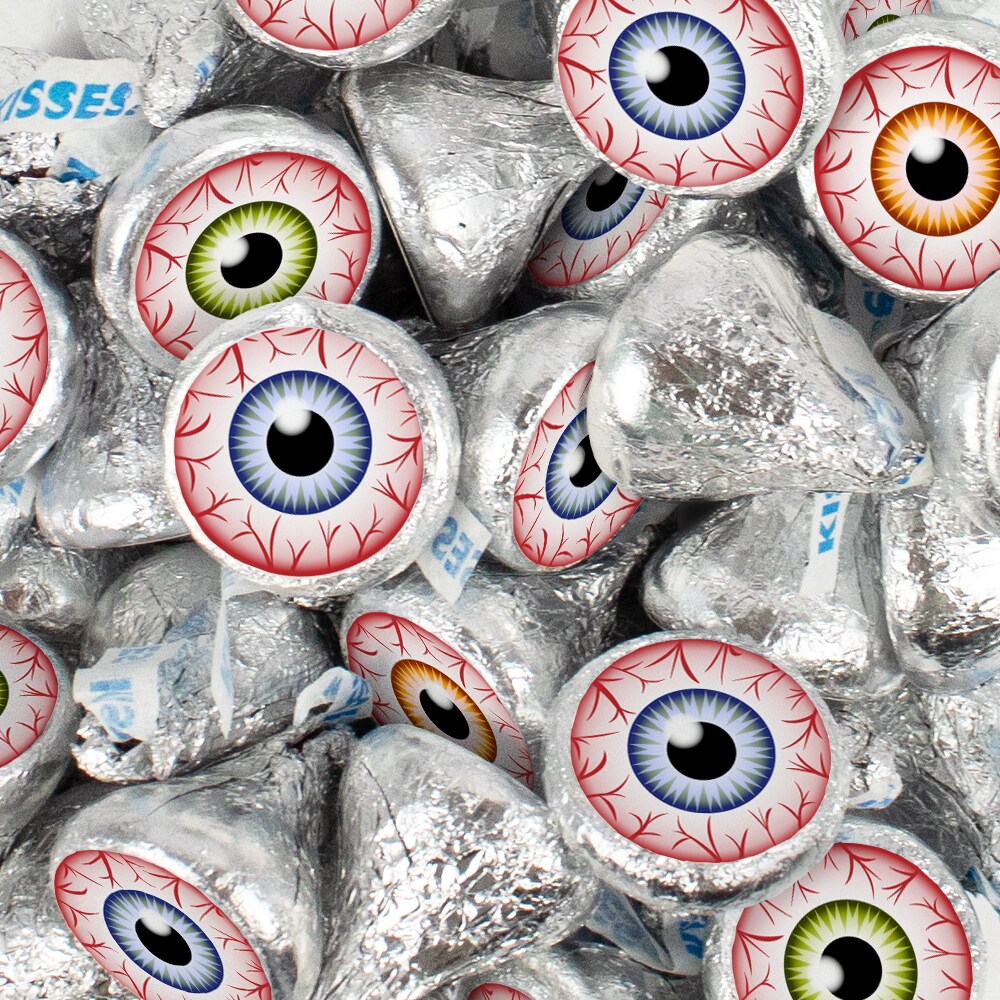 100 Pcs Halloween Party Candy Chocolate Silver Hershey&#x27;s Kisses (1lb) - Eyeballs