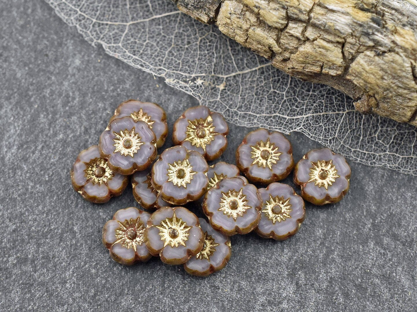 *15* 8mm Gold Washed Lavender Silk Table Cut Hawaiian Flower Beads