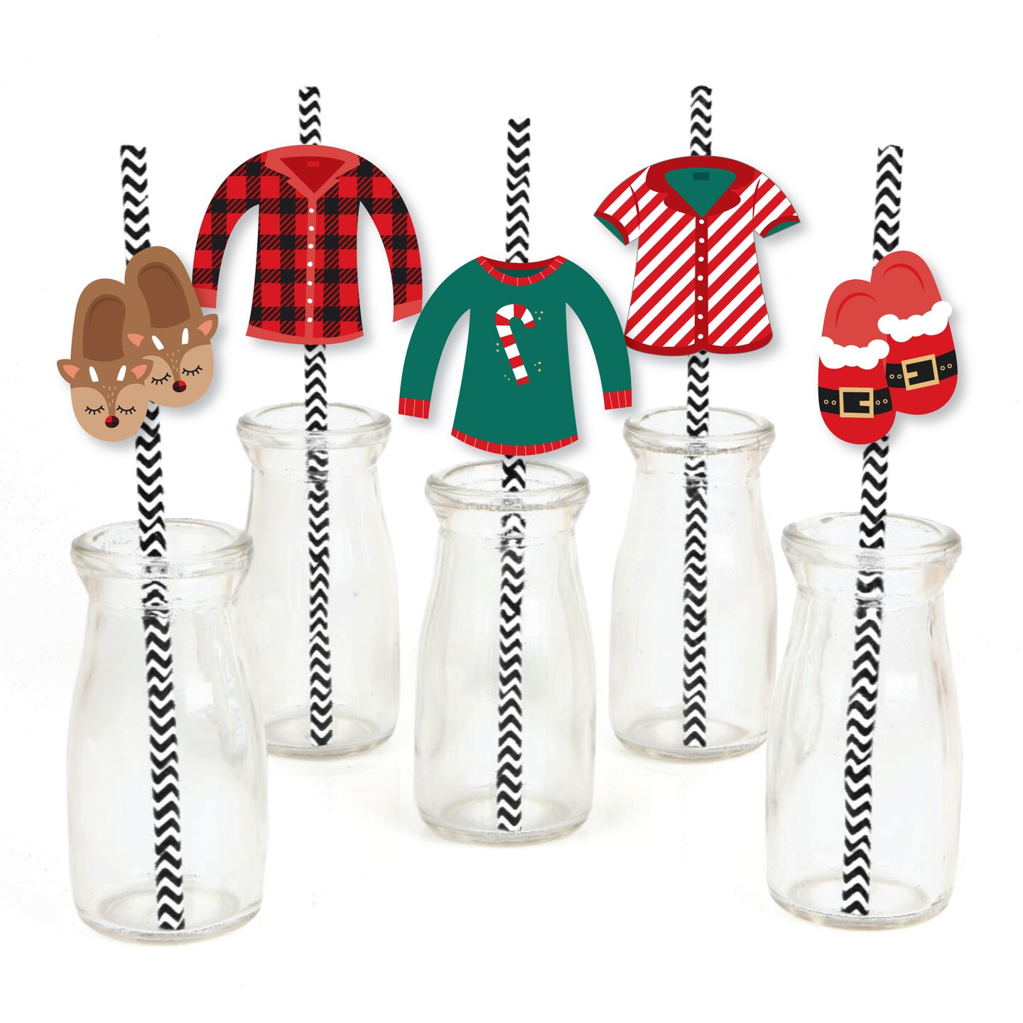 Big Dot of Happiness Christmas Pajamas - Paper Straw Decor - Holiday Plaid PJ Party Striped Decorative Straws - Set of 24
