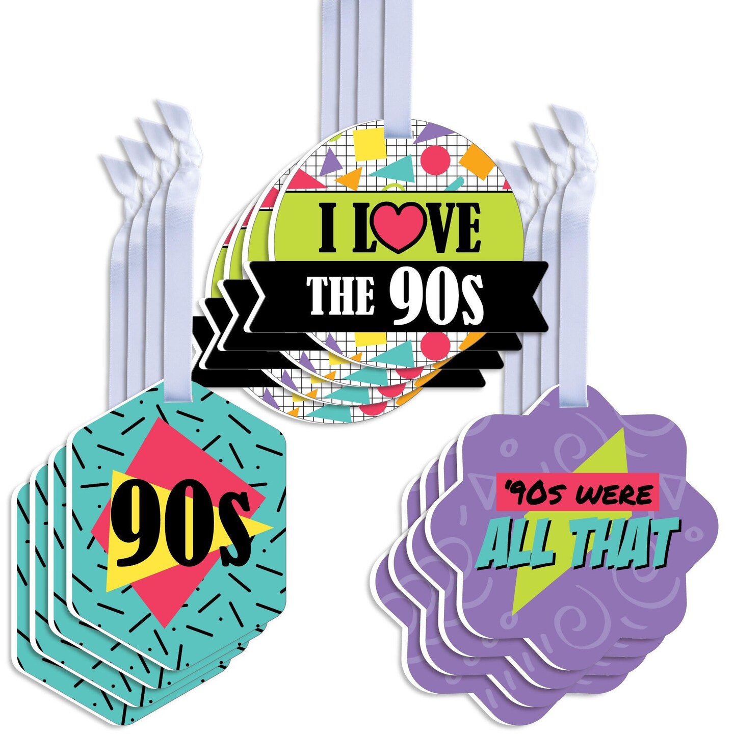 Big Dot of Happiness 90&#x27;s Throwback - Assorted Hanging 1990s Party Favor Tags - Gift Tag Toppers - Set of 12