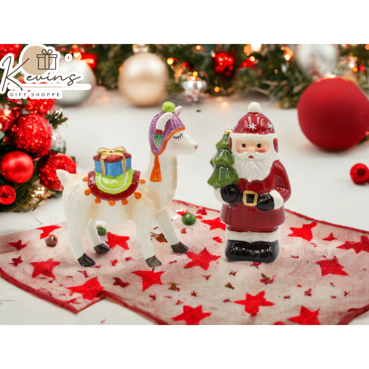 Hand Painted Ceramic Christmas Santa With Llama or Alpaca Salt Pepper Shakers